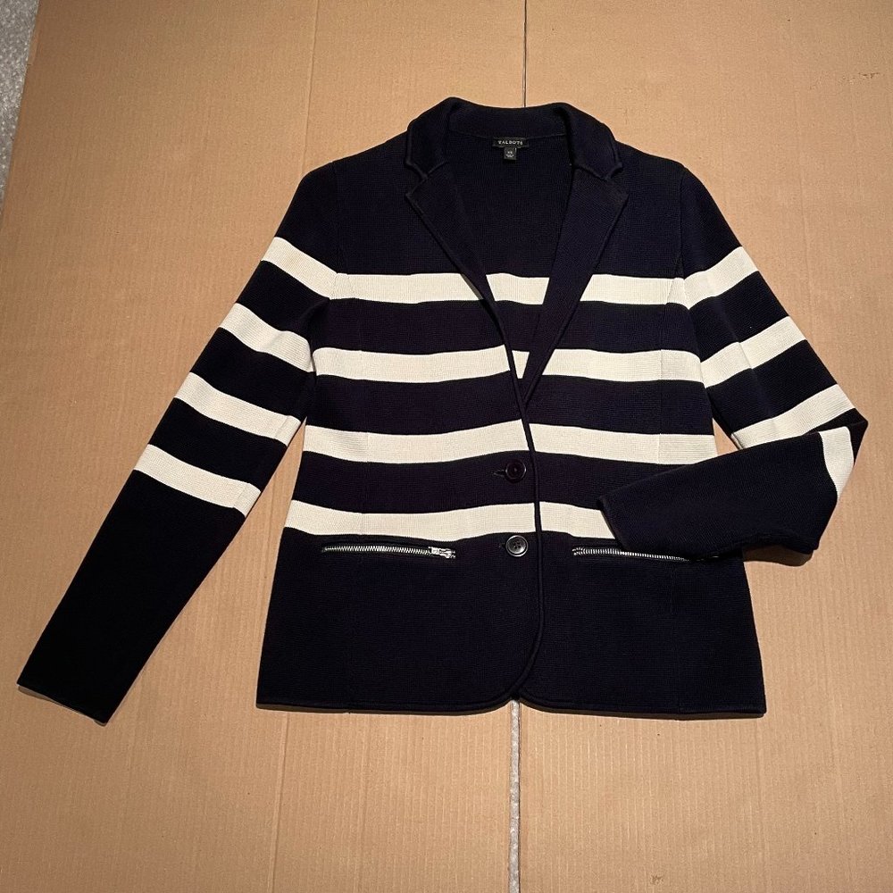 EUC Talbots Knit Jacket, Cream/Navy Stripe, 2 Buttons, Zippered Pockets, Size XS
